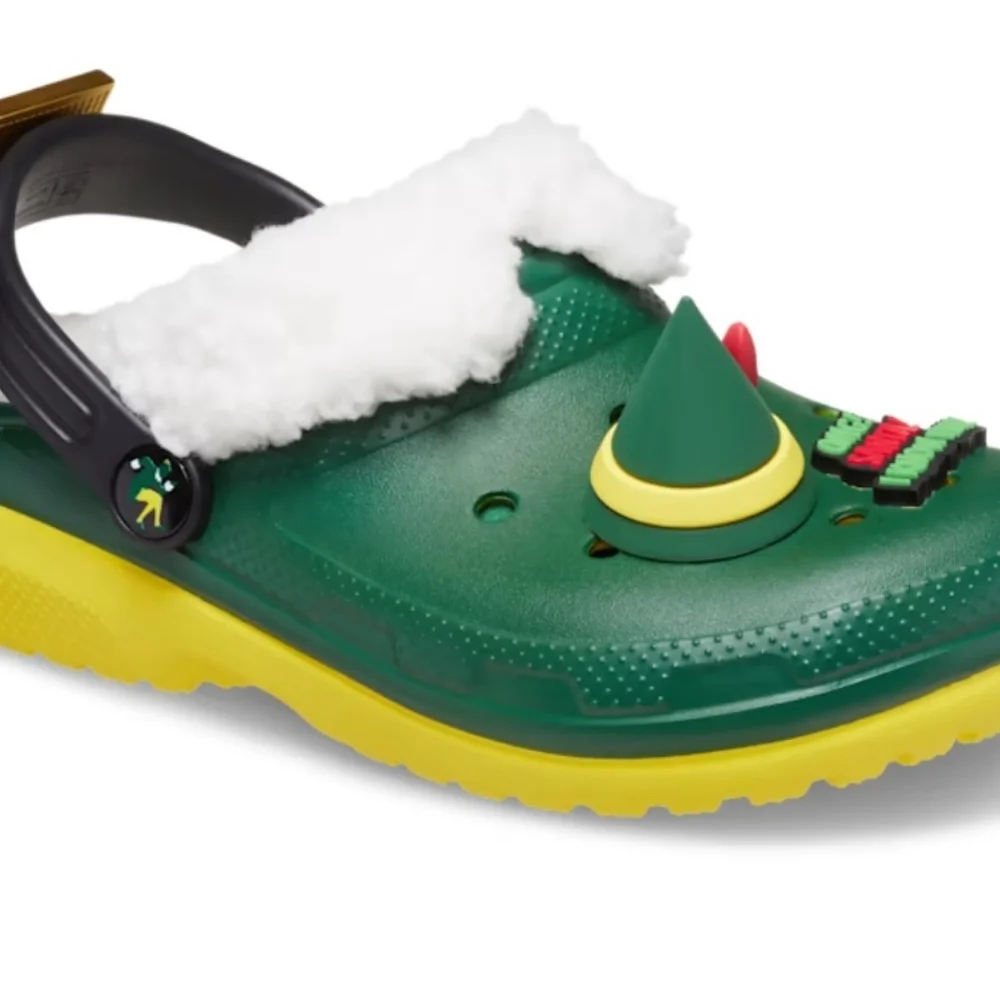 CROCS Green Kids Slippers with White Fleece - Picture 4 of 6